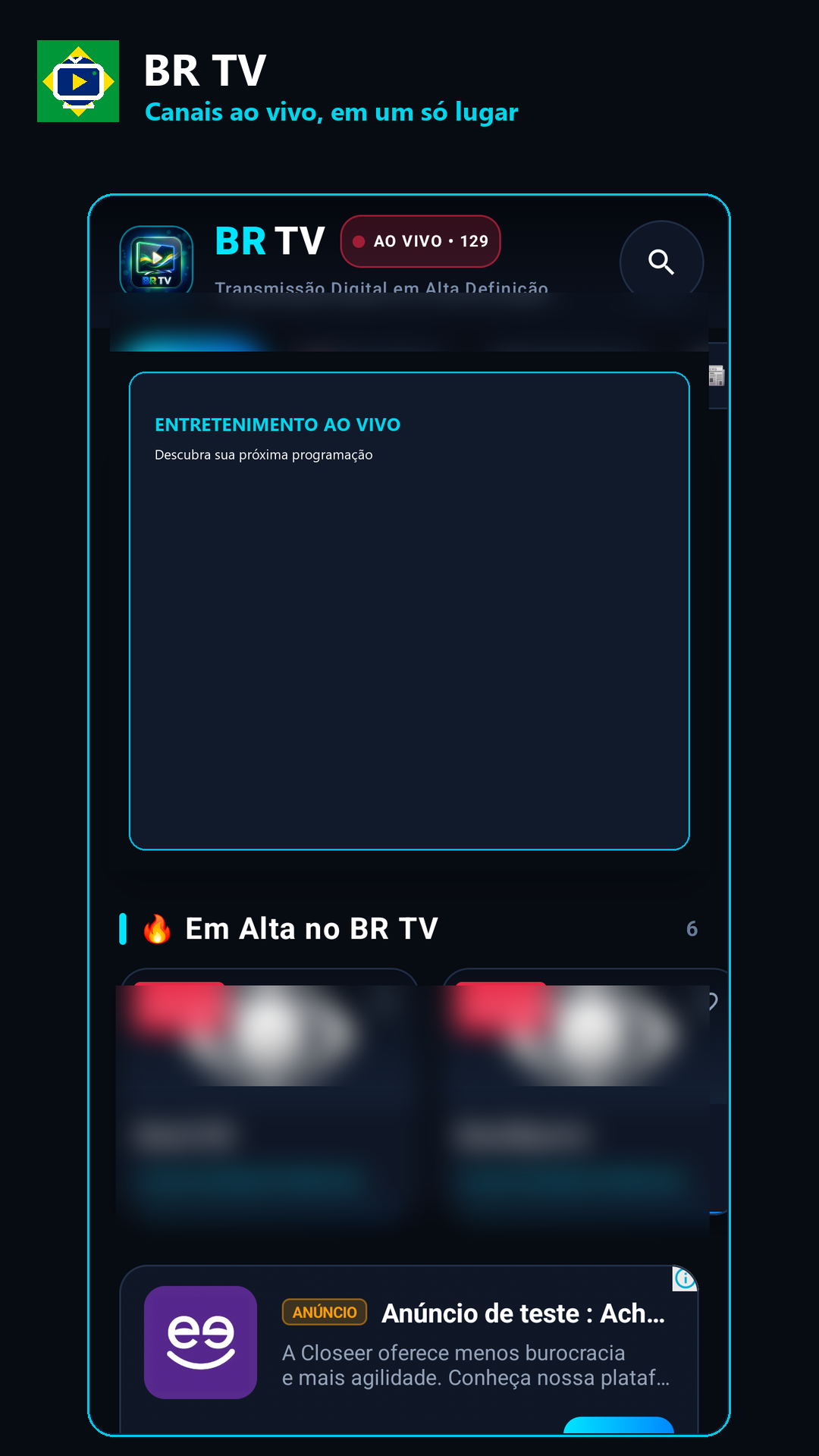 Tela inicial do BR TV, com a área de destaque e canais